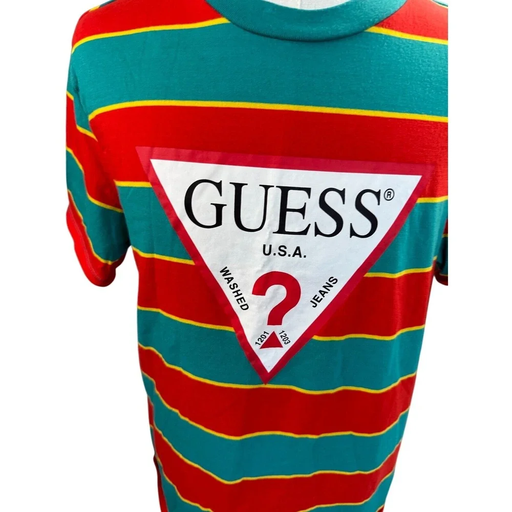 GUESS USA Mens Striped Triangle Logo Tee Shirt Retro 90's Medium - Picture 2 of 5